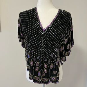 Pat Argenti Elegant Sequined and Beaded Black and Purple Women's Blouse
